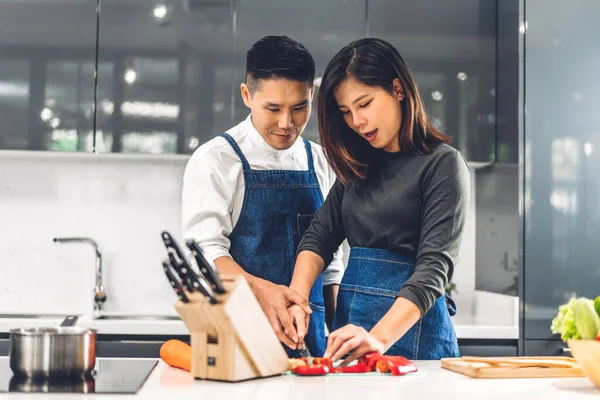 Junges Asiatisches Familienpaar Hat Spaß Beim Gemeinsamen Kochen Mit Frischem — Stockfoto