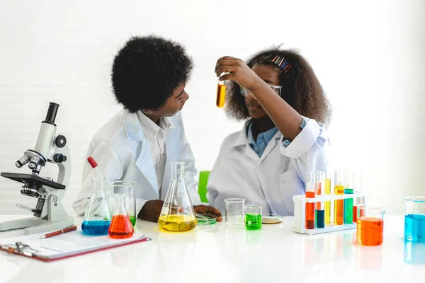 Двоє Афроамериканських Милих Маленьких Хлопчиків Дівчат Які Навчаються Дослідженню Проводять — стокове фото