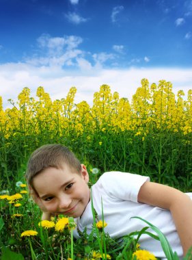 Çocuk bir çiçek çayır üzerinde yaz aylarında yatıyor..