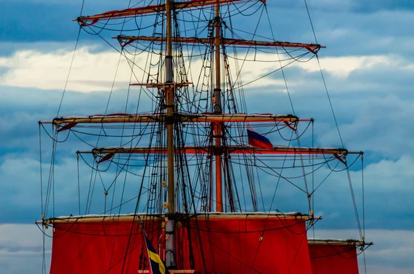Scarlet Sails Masts Sailing Ship Night Sky — Stock Photo, Image
