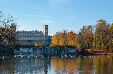 Göl zemin üzerine açık mavi su ile duvarları Altın Sonbahar ağaçlar ve diğer tarafta eski bir saray ile dekore.