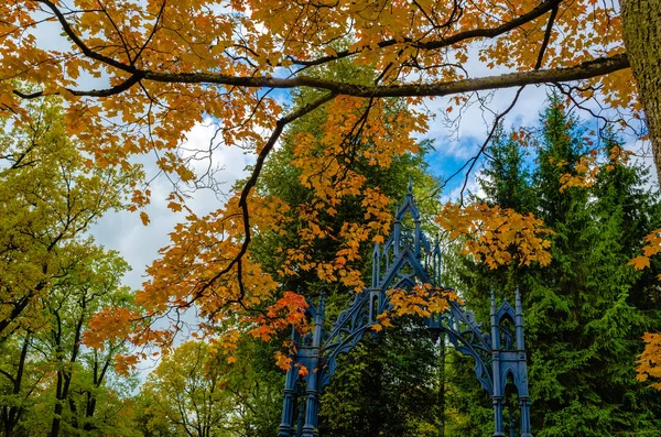 Яскравий Пейзаж Осінньому Парку Залізними Готичними Воротами Фоні Блакитного Неба — стокове фото