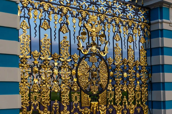 Ősi Kovácsolt Kerítés Catherine Palotából Arany Díszítéssel Fémrudakon — Stock Fotó