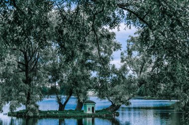 Mavi gökyüzüne karşı güzel bir gölün ortasında söğütlerle dolu küçük bir ada ve Saint Petersburg yakınlarındaki Gatchina Sarayı..