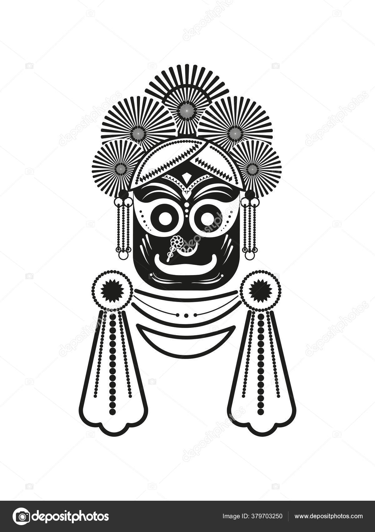 Lord Jagannatha Stylization Deity Black White Style Icon Symbol Vector