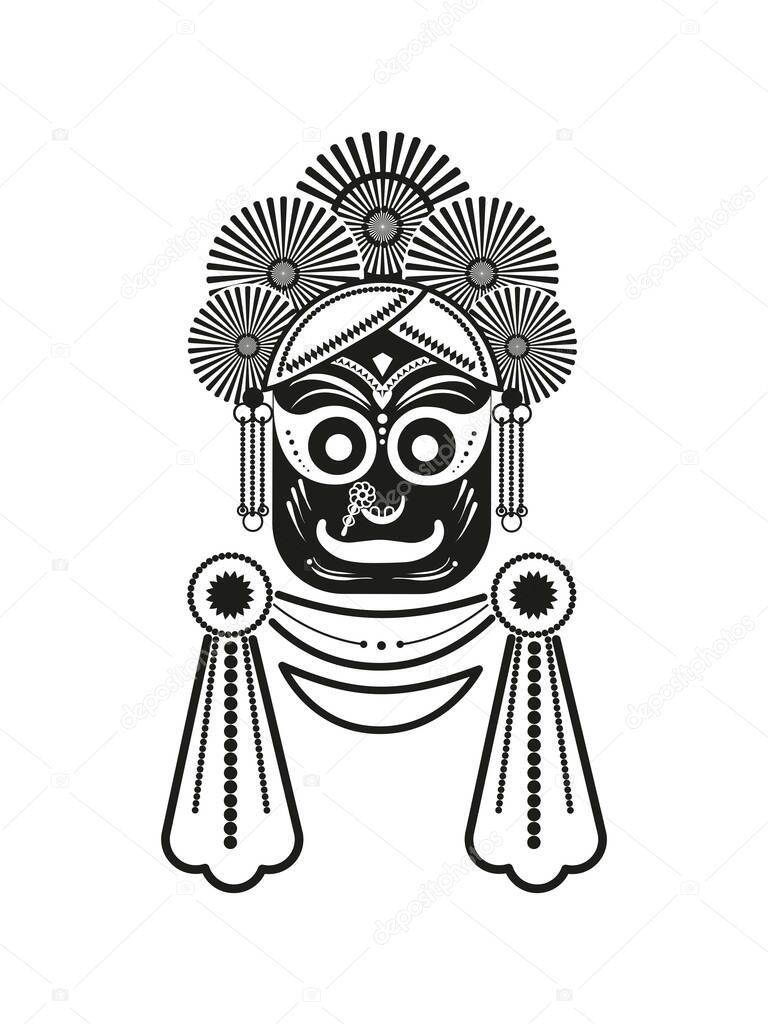 Lord Jagannatha - stylization of the deity in black and white style, as an icon or symbol. Vector image isolated on a white background
