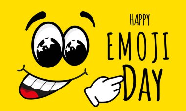 Emoji günü. Sarı bir arka planda, çok duygusal bir gülen yüz. Tatil selamları. Vektör illüstrasyonu