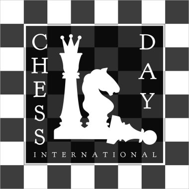 Uluslararası satranç günü. Satranç tahtasının arka planında kralın, atın ve piyonun siluetleri var. Vektör illüstrasyonu.