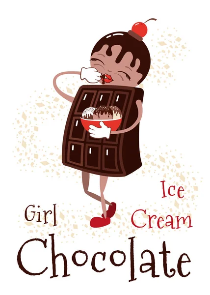 Funny Chocolate Girl Eating Ice Cream Cartoon Style Vector Illustration — Stock Vector