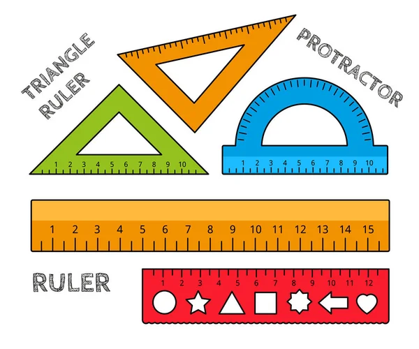 Material Escolar Cinco Governantes Diferentes Conjunto Colorido Ilustração Vetorial Isolada — Vetor de Stock