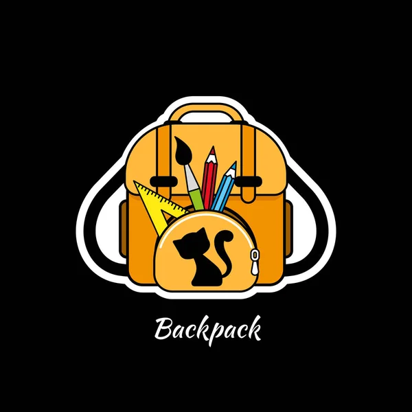 Πολύχρωμη Σχολική Τσάντα Σχολικά Είδη Sticker Backpack Απομονώνονται Μαύρο Φόντο — Διανυσματικό Αρχείο