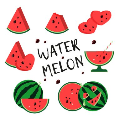 Karpuz seti. Kartpostal, pankart ve çıkartma tasarımı için. Beyaz arkaplanda izole edilmiş Vektör Resimleri.