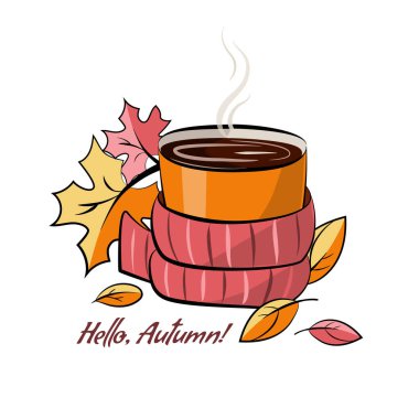 Sonbahar yapraklarıyla çerçevelenmiş örülmüş bir eşarba sarılmış bir bardak sıcak içecek. Beyaz arkaplanda izole edilmiş vektör illüstrasyonu.