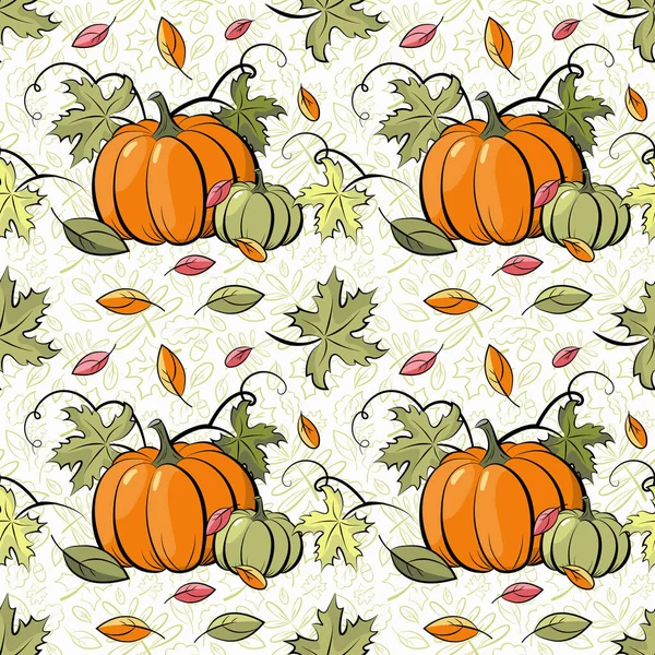 熟したカボチャとシームレスなパターン 明るくカラフルな秋のイラスト ベクトル装飾 — ストックベクタ