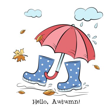 Şemsiyenin altındaki lastik botlar. Parlak ve renkli karikatür tarzı çizimler. Beyaz arkaplanda izole edilmiş vektör.