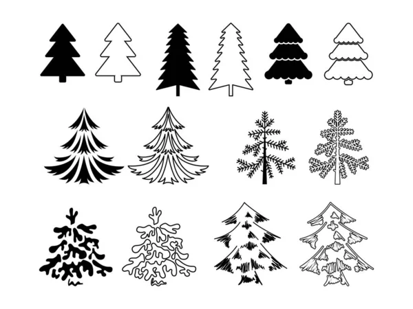 Christmas Tree Set Different Styles Form Silhouette Contour — Stock Vector