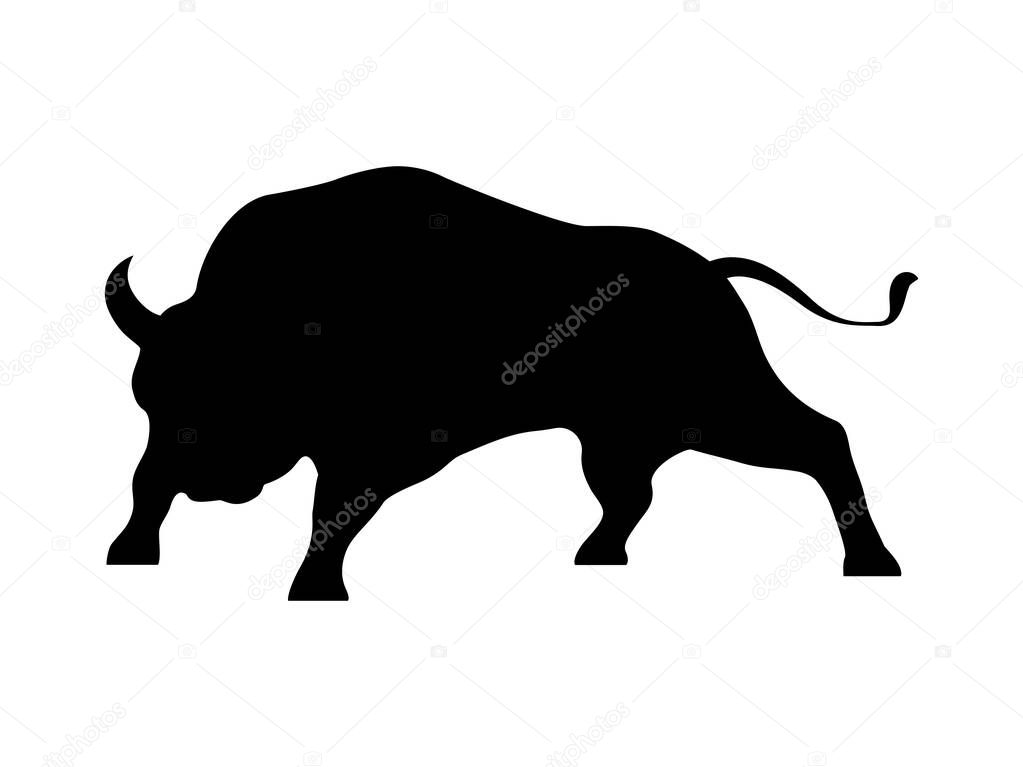 The bull stands with his legs apart and his head bent low, ready to attack. Black silhouette.