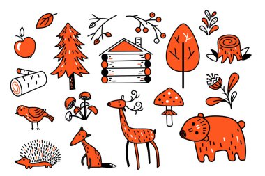 Orman hayvanları ve bitkiler. Doodle tarzı, İskandinav. Vektör beyaz bir arkaplanda izole edilir.