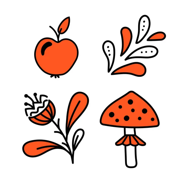 Apple Flower Fly Agaric Leaves Scandi Style Doodle Vector Isolated — Stock Vector