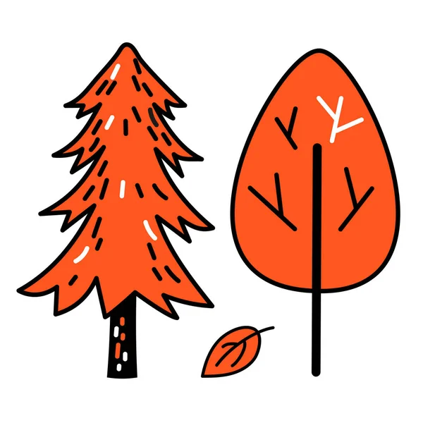 Two trees - deciduous and spruce. Doodle style, Scandinavian. The vector is isolated on a white background. — Stock Illustration Two Trees Deciduous Spruce Doodle Style Scandinavian Vector Isolated White Royalty Free Stock Vectors