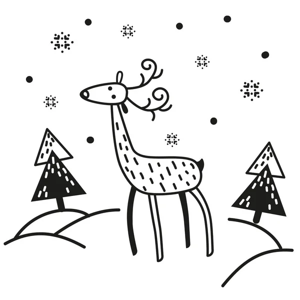 Cerf Dans Une Forêt Enneigée Illustration Vectorielle Dans Style Doodle — Image vectorielle