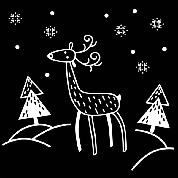 Cerf Dans Une Forêt Nocturne Enneigée Illustration Vectorielle Dans Style — Image vectorielle