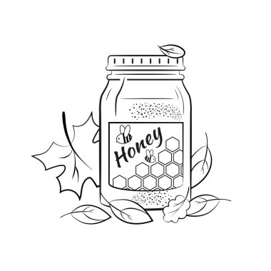 Sonbahar yapraklarıyla çevrili ballı cam kavanoz. Görüntü renklerini birleştir. Beyaz arkaplanda izole edilmiş vektör.