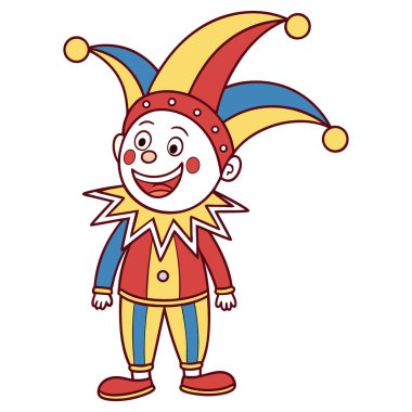 Düz stil giyinmiş, beyaz arka planda izole edilmiş neşeli bir soytarı.