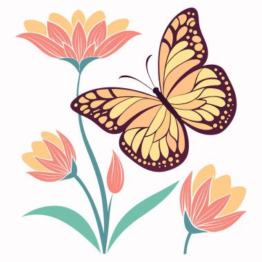 beyaz zemin üzerine çiçek kelebek