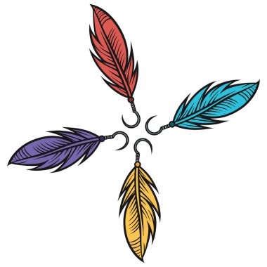 Beyaz arka planda üç farklı renkte balık avı kuş tüyü kancayı çeker.