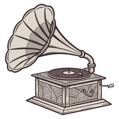 Beyaz arkaplanda izole edilmiş düz biçimli klasik gramofon