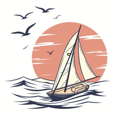 Günbatımında yelkenli, beyaz arka planda okyanus dalgaları