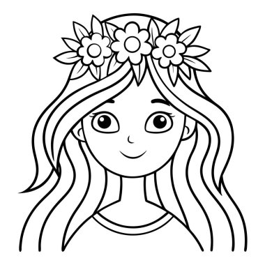 Black and white girl with flower crown coloring page on white background 
