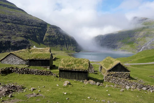 Anciennes Fermes Traditionnelles Village Saksun Île Féroïenne Streymoy Pollurin Laguna — Photo