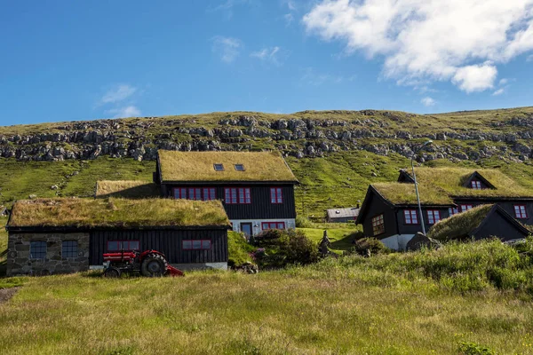 Tipik Faroe dili ahşap evler çiftçilerin Kirkjubour Köyü, Streymoy Faroe dili Adası 