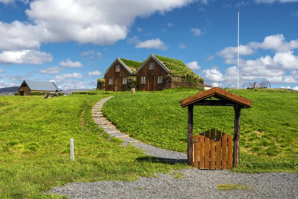 Dřevěné Dveře Chůze Kroky Tradiční Islandské Trávník Domy Modrudalur Zemědělské — Stock fotografie