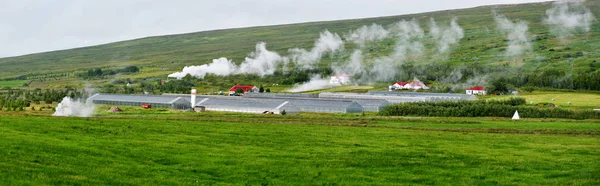 Panoramic View Greenhouses Farm Heated Hydrothermal Sources Skutustadahreppur Region Northern — Stock Photo, Image