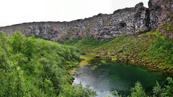 Asbyrgisskogur 森とアイスランド北部の Asbyrgi 氷河渓谷の垂直の壁に囲まれた Botnstjorn 湖のパノラマ — ストック写真