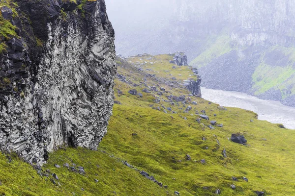 Formações Basálticas Margem Oeste Cachoeira Dettifoss Norte Islândia Fluxo Jokulsa — Fotografia de Stock