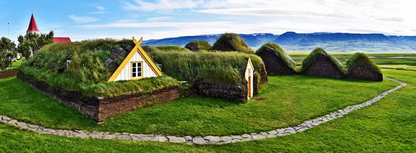 Panoramic View Traditional Icelandic Farm Glaumbaer Composed Turf Houses Northern — Stock Photo, Image