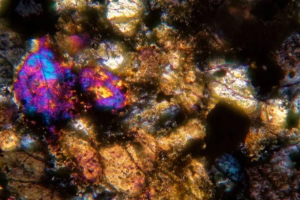 Петрографическое тонкое сечение метеорита NWA 6870 под микроскопом — стоковое фото