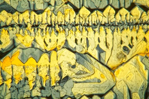 Cristales cultivados simétricos de ferricianuro de potasio bajo el microscopio — Foto de Stock