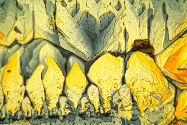 Symmetric grown crystals of Potassium ferricyanide under the microscope — Stock Photo, Image