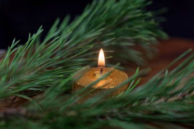 Çam iğneleri ile altın renkli mum