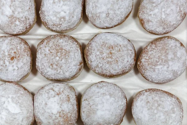 Krapfen covered with powdered sugar — Stock Photo, Image