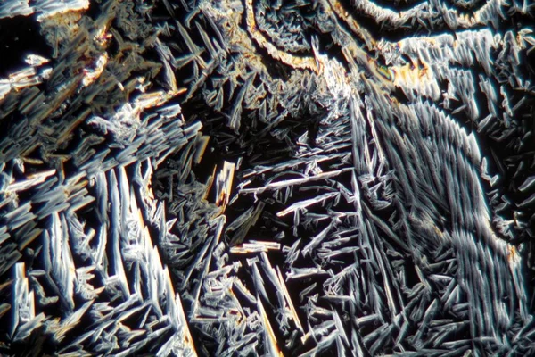 Krystaly dusičnanu draselného pod mikroskopem — Stock fotografie
