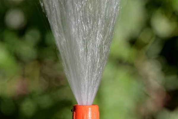 Getto d'acqua da un tubo flessibile con uno sfondo verde . — Foto Stock