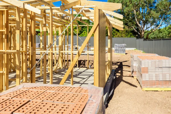 Pallets Bricks Delivered New House Construction Site Day — Stock Photo, Image