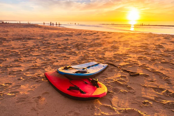 Zwemmen Bodyboards Het Strand Bij Mooie Zonsondergang Een Warme Zomeravond — Stockfoto