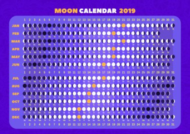 Ay takvimi 2019. Düz stil vektör çizim. Ay evreleri. Tam, new moon ve aradaki her aşama için tarihleri